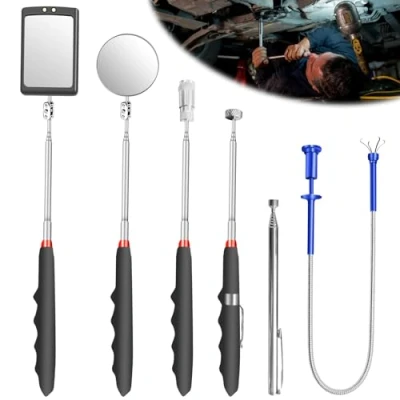 Image de Lot de 6 miroirs d&#039;inspection escamotables Miroir télescopique Outil magnétique avec lampe LED carré rond Poignée rotative à 360