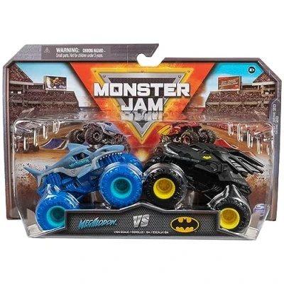 Image de Monster Jam Lot de 2 Originaux avec la Batmobile vs. Megalodon Authentiques Trucks à l&#039;échelle 1:64