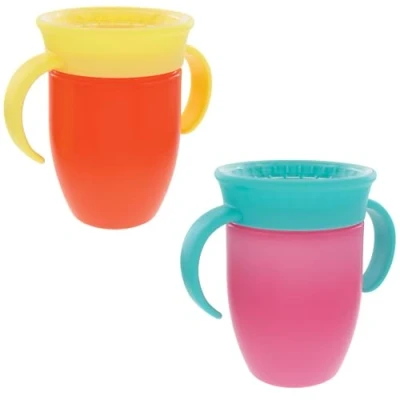Image de Nuby All Around Tasse antifuite Poignées ergonomiques Conçu pour boire dans toutes les positions 210ml Convient aux enfants de + 4 mois (Pack 2, Rose/Orange)