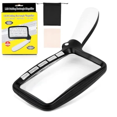 Image de AiQInu Loupe de Lecture Rectangulaire, Grande à Main, Lumineuse, Grossissante, Pliée avec Lumière, Eclairante LED 5 LED, 2 Modes d&#039;intensité