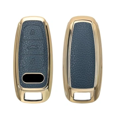 Image de kwmobile Coque Clé de Voiture Compatible avec Audi A6 A7 A8 Q7 Q8 Keyless 3 Bouton Protection en Silicone et Similicuir Bleu foncé doré