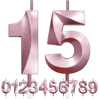 Image de 15th Bougie D&#039;anniversaire à Paillettes Or Rose au Design 3D, Bougies Numérotées pour 90e, Décorations de Dessus Gâteau, Gâteau Fête D&#039;anniversaire, Anniversaire Mariage