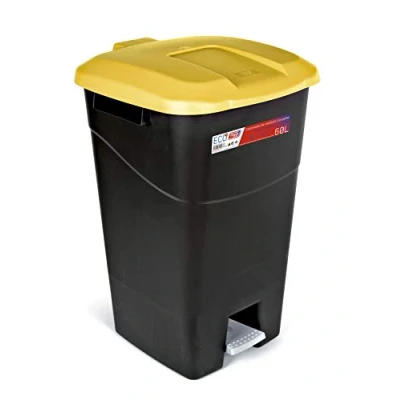 Image de Tayg Poubelle de 60 litres avec pédale, base noire et couvercle jaune, plastique