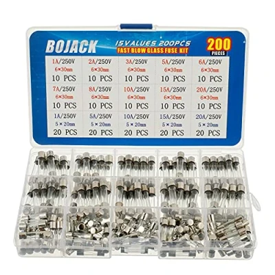 Image de BOJACK 15 valeurs 200 pièces Kit d&#039;assortiment de fusibles en verre à fusion rapide 5x20mm 250V 1 5 10 20A 6x30mm 2 3 6 7 8 Emballage dans une boîte plastique transparente