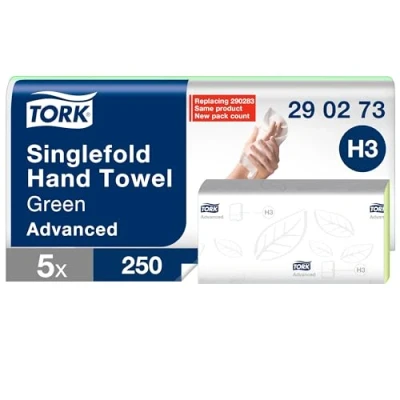 Image de Tork Essuie mains pliés en V vert H3, Papier d&#039;essuyage de qualité Advanced pour Distributeur d’essuie mains, Absorbant et indéchirable, 2 plis, 5 x 250 feuilles, 290273