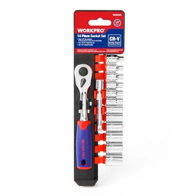 Image de WORKPRO Ensemble de Clés à Cliquet 1/4&quot; Dégagement Rapide avec 72 Dents et Douilles en Cr V 14 Pièces