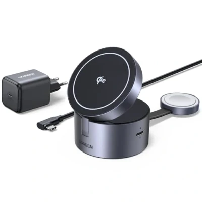 Image de UGREEN MagFlow 3 en 1 Qi2 15W Chargeur Induction iPhone Certifié Pliable Compatible avec MagSafe 16 Plus Pro Max 15 14 AirPods 4 2 iWatch sans Fil Magnétique Prise 45W Câble USB