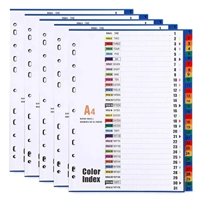Image de 5 Pièces Feuillets Intercalaires 31 Positions, A4 1 31, Onglets avec Table des Matières couleurs assorties