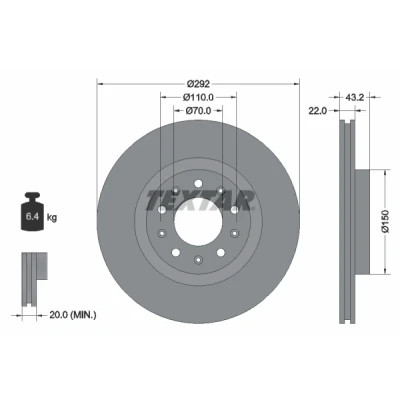 Image de TEXTAR PRO 92221103 Disque de frein 292 22 05/10 110 ventilé l&#039;intérieur revêtu sans boulon fix roue, moyeu roue