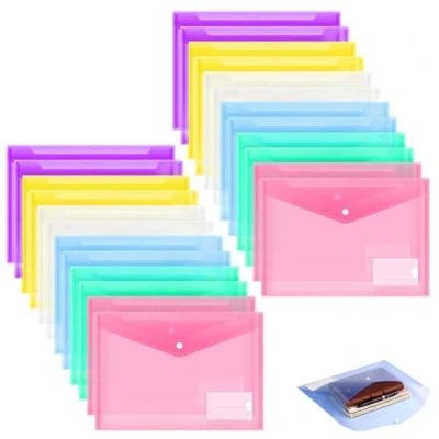 Image de 24 Pièces Pochette Plastique A4 Colorée Documents Transparent Document Dossier Pochettes Chemises avec Bouton Pression et pour Ranger Classer