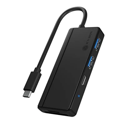 Image de ICY BOX Hub USB C avec Lecteur de Carte (SD, microSD) et 3 Ports 3.0 (1 C, 2 A), câble intégré Noir