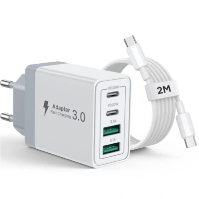 Image de Aioneus Chargeur iPhone, 40W 4 Port USB C Rapide Multiple Prise USBC avec 2m Cable pour iPhone 16 15 Pro Max Plus 16e iPad, Samsung, Adaptateur Secteur Type 60W vers