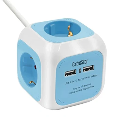 Image de EXTRASTAR 6 en 1 Cube multiprise avec 4 prises USB + 2 ports 5 V, 1,5 m, max 3680 W, 16 A, bleu, pour maison, bureau