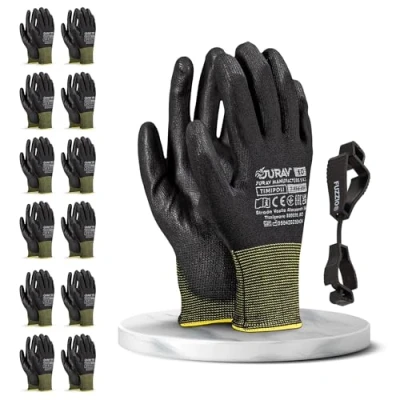 Image de FUZZIO Jurav Lot de 12 paires pinces à gants travail en polyuréthane (L 9, noir)
