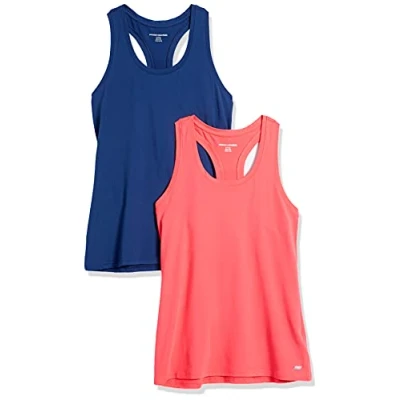 Image de Amazon Essentials Débardeur Tech Extensible À Dos Nageur (Disponible en Grande Taille) Femme, Lot de 2, Bleu/Rose Corail, L