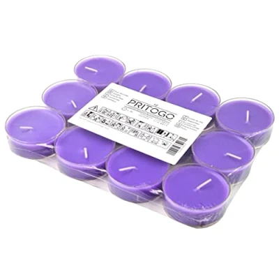 Image de Pritogo Maxi Lot de 12 Bougies chauffe plat parfumées violettes Lavande Étui en plastique Durée combustion : 4 heures XXL Diamètre 5,8 x 2,3 cm