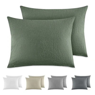 Image de Dreamzie Taie Oreiller 40x60 Coton (Lot de 2) Taies d&#039;Oreillers 100% Lavé Aspect Lin, Housse Coussin avec Fermeture Eclair, Vert, Certifié Oeko Tex