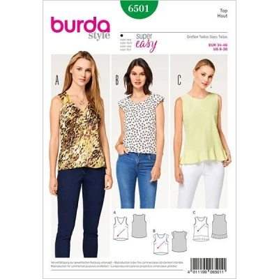 Image de Burda 6501 Patron de couture Top col en V et ourlet volant (femme, taille 34 46) Niveau difficulté : 2
