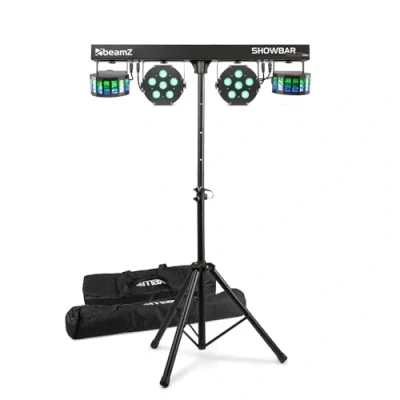 Image de Beamz SB02 ShowBar 2x Projecteurs PAR + Derby sur Batterie, Mode DMX 6 ou 8 Canaux, Gestion Audio, Automatique, Affichage LED, avec Télécommande, Idéal pour la Scène et Évènement Festif