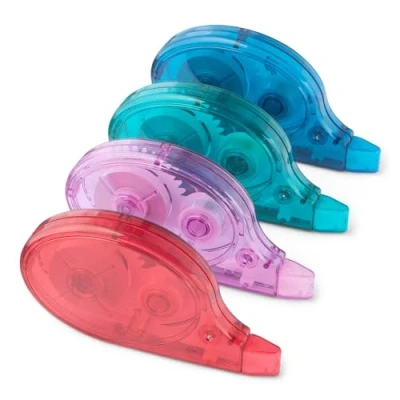 Image de Amazon Basics Lot de 4 rubans correcteurs blancs avec distributeur, faciles à utiliser, 12 m, 9 x 4,6 1,6 cm, Vert, violet, rouge, bleu