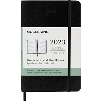 Image de Moleskine Agenda Hebdomadaire 2023, Semainier 12 Mois Avec Mise En Page Horizontale, Horizontal, Couverture Souple, Format De Poche 9 X 14 Cm, Couleur Noir