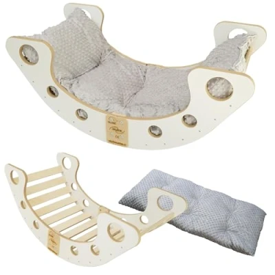 Image de Skyline Balancelles Bascule Enfant Montessori Bebe 1 an Escalade Arche en Bois Mur descalade meble Arc à Grimper d&#039;équilibre Portique d&#039;escalade avec Coussin L Blanc/Gris