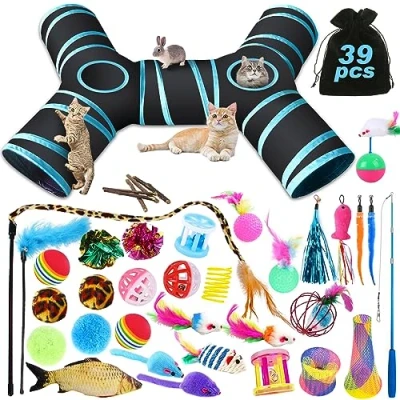 Image de YUTUY Kit Jouets Chat 39 pièces Interactif, Jeux Chaton, pour Animaux Domestiques Toys Minou avec Tunnel,Plume,Poisson,Souris,Balle