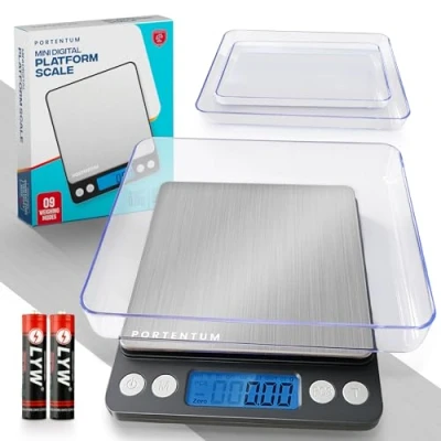 Image de PORTENTUM Balance de Cuisine Électronique Haute Précision 500g/0,01g Écran LCD Rétroéclairé, Precision avec 6 Unités et Fonction Tare Acier Inoxydable