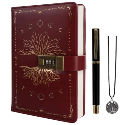 Image de TIEFOSSI journal avec cadenas, vintage arbre de vie cadenas pour femmes et hommes, carnet rechargeable A5 écrire, 224 pages numérotées