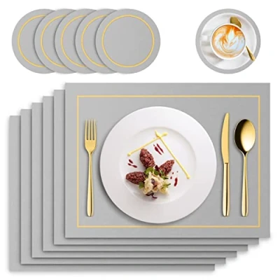 Image de RIWNNI Lot de 6 Set Table en Cuir PU, Pièces Sets et Dessous Verre, Lavable Antidérapant Imperméable Résistant à la Chaleur Rectangulaire Table, 41 x 31cm (Gris Clair)