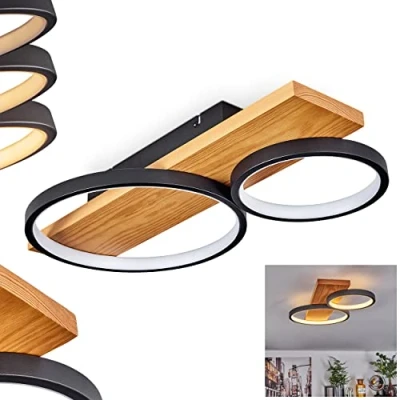 Image de plafonnier LED Rodekro, à intensité variable en métal/bois/plastique noir/naturel/blanc, luminaire avec rampe bois, 26 watts, 3000 K, lumens