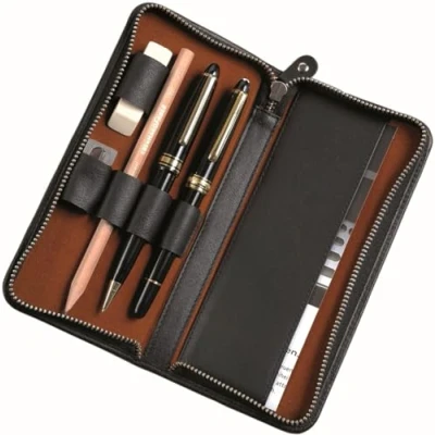 Image de Alassio 2638 Étui en Cuir véritable pour 3 stylos et Accessoires Noir 17,5 x 8 2,5 cm