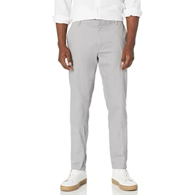 Image de Amazon Essentials Pantalon chino extensible à coupe ajustée et infroissable, sans pinces Homme, Gris, 30W / 34L