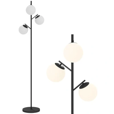 Image de HOMCOM Lampadaire sur pied salon en métal noir avec 3 abat jours globe blanc verre dépoli 40W Ø 27 x 169 cm
