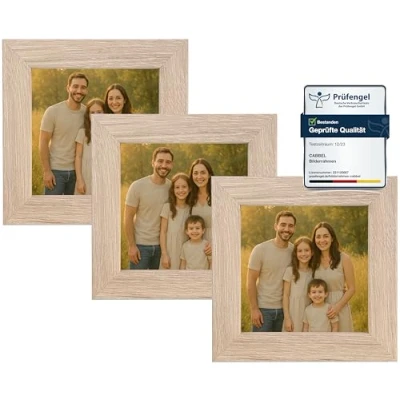 Image de CABBEL Lot de 3 cadres photo, 10 x cm, en MDF Verre acrylique incassable Naturel Carrés à poser ou suspendre Modernes et stables