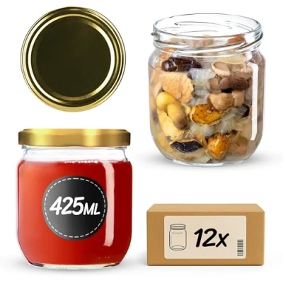 Image de KADAX Lot de 12 pots à confiture avec couvercle visser, 425 ml, pour confitures, miel (doré)