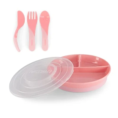 Image de Twistshake Set De Vaisselle Bébé Assiette Divisée + Couverts 6m+ Sans BPA Kit Formation Alimentaire Pour Enfants Rose