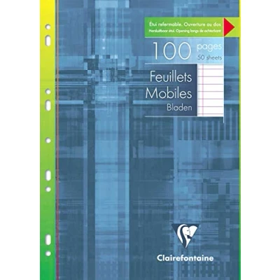 Image de Clairefontaine 1733C Un Étui de Feuillets Mobiles Perforés A4 21x29,7 cm 100 Pages Lignés avec Marge Papier Blanc 90 g Réutilisable