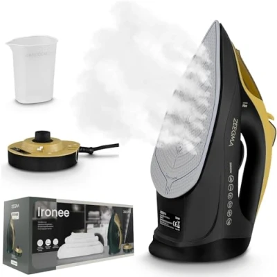 Image de ZEEGMA IRONEE Fer à vapeur sans fil avec semelle en céramique 2600 W, pour repassage horizontal et vertical, récipient de 320 ml, fonction autonettoyante, anti goutte anticalcaire (Black)