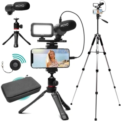 Image de Movo iVlogger Kit de vlogging pour iPhone avec trépied pleine taille démarrage YouTube compatible Lightning créateurs contenu Accessoires : trépieds, support téléphone, lumière