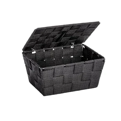 Image de WENKO Corbeille De Salle Bain avec Couvercle Adria, Boîte Rangement Tendance, Plastique Tissé, 100% Polypropylène, Dimensions: 19 x 10 14 cm, Couleur : Noir