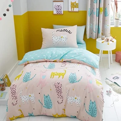 Image de Catherine Lansfield Parure de lit Double réversible avec Housse Couette et taies d&#039;oreiller Motif Chats Mignons Rose