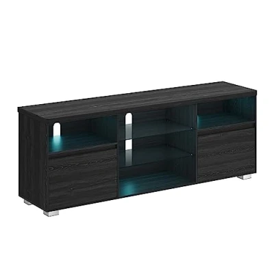 Image de VASAGLE Meuble TV avec LED, Table Télé Moderne pour Les Téléviseurs Jusqu’à 70 Pouces, Étagères Ouvertes en Verre, 2 Placards Portes, 160 cm, Salon, Chambre, Noir LTV331T21