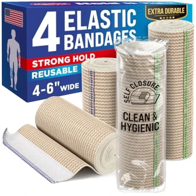 Image de Bandages élastiques de compression Lot 4 (2 x 10cm &amp; 2 15cm) Fermeture velcro Sans latex Lavable Réutilisable