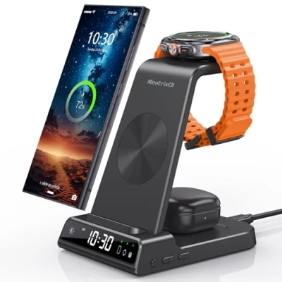 Image de Chargeur Induction pour Samsung Galaxy S24 Ultra, sans Fil Inductive Watch 7/6/5, 3 en 1 avec Horloge Digitale Z Flip 6 Fold S23, Buds Pro