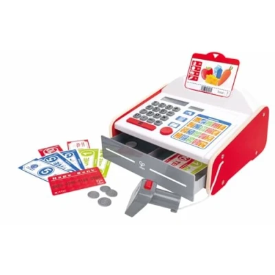 Image de Hape Jeu Caisse Enregistreuse Enfants 3 ans et Plus Inclus Trois d’écran, Une Feuille d’Autocollants, Carte bancaire, Pièces d&#039;Imitation Courses Motricité Fine, Langage