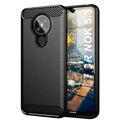 Image de SCL Coque pour Nokia 5.3 Coque, Texture en Fibre de Carbone Brossée, Technologie Anti Rayures et D&#039;absorption Chocs Noir