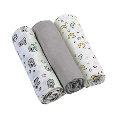 Image de Babyono Lot de 3 Langes en Mousseline Super Douce 70 x cm Lingettes (Gris/Ours Lunaire)