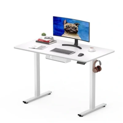 Image de SANODESK Bureau Assis Debout 100 x 60 cm avec Plateau de Table Complet, Réglable en Hauteur Électrique 4 Préréglages Mémoire, Panneau Intelligent et Crochets, Blanc