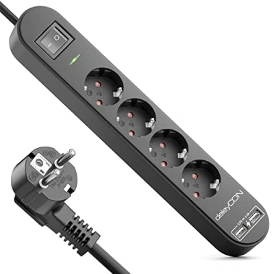 Image de deleyCON 5m Multiprise 4 Compartiments avec USB 4X Prises de Contact Protection 2X Prise Chargement A par ex. Téléphone Portable et Tablette Survoltage Bouton on/Off Noir